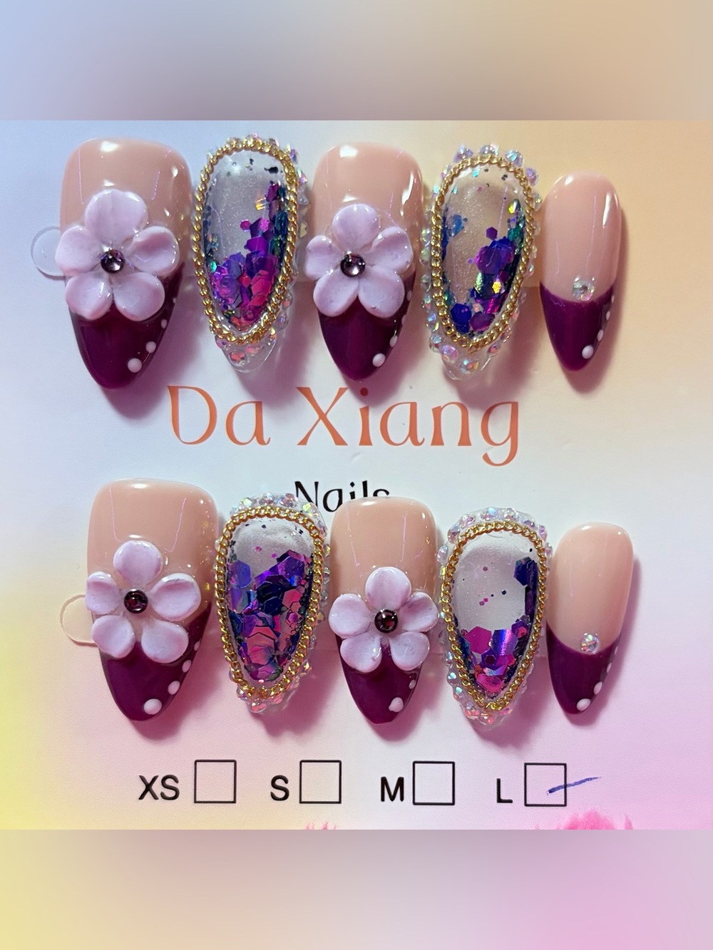 Women's Floral Glitter False Nail Set - Pink & Purple water nails
